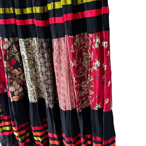 Sacred Threads Patchwork Ribbon Maxi Skirt One Size Elastic Waist Tie Lined Boho - Picture 13 of 16